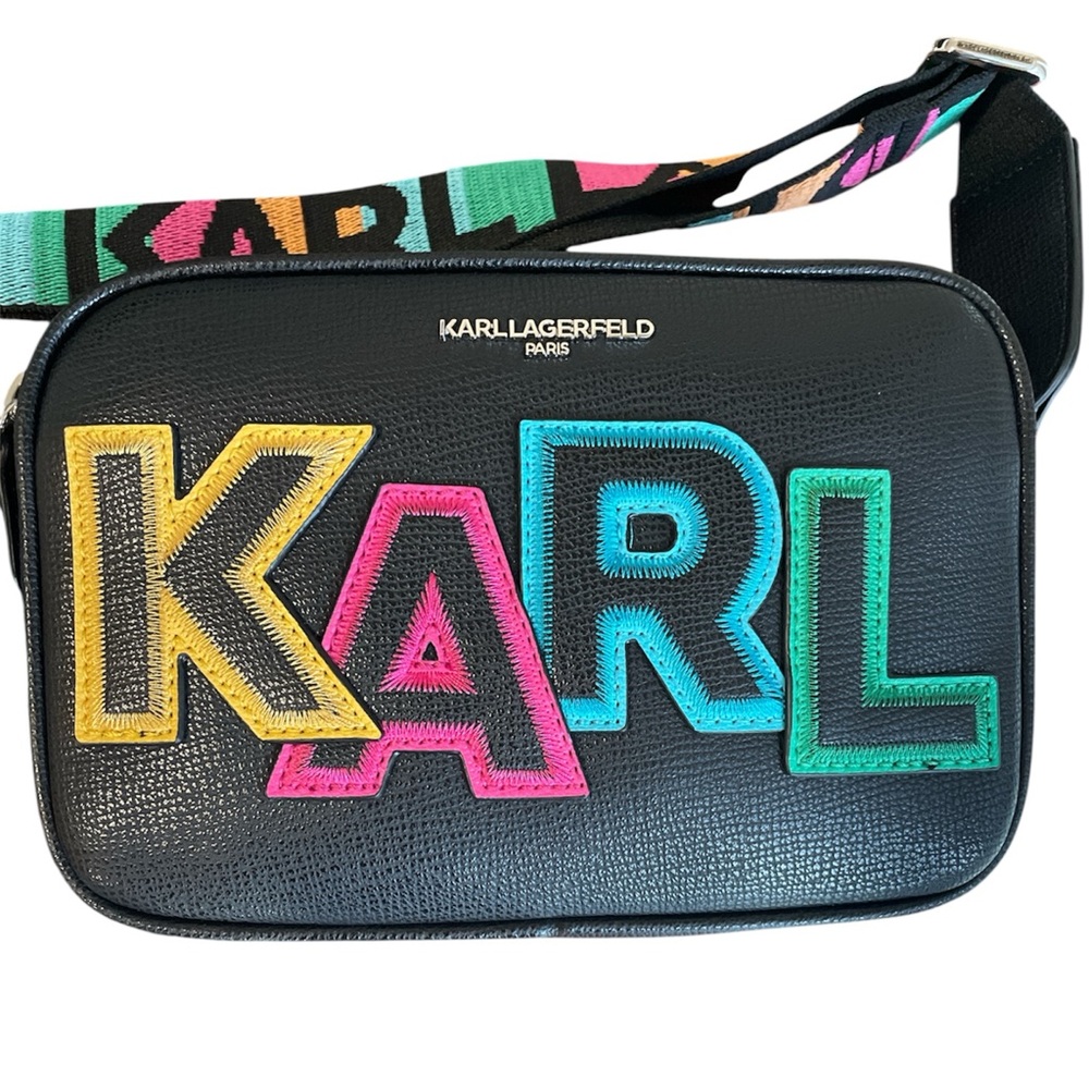Karl Lagerfeld Black Crossbody Bag Multicolor Logo | NWT Designer Purse - Picture 2 of 9